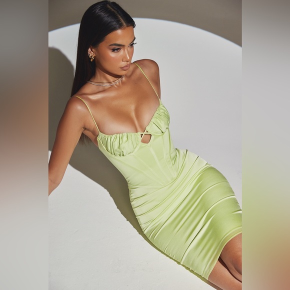 House of CB Nathalia Midi Dress Satin Pistachio Green Size Large - Picture 5 of 16